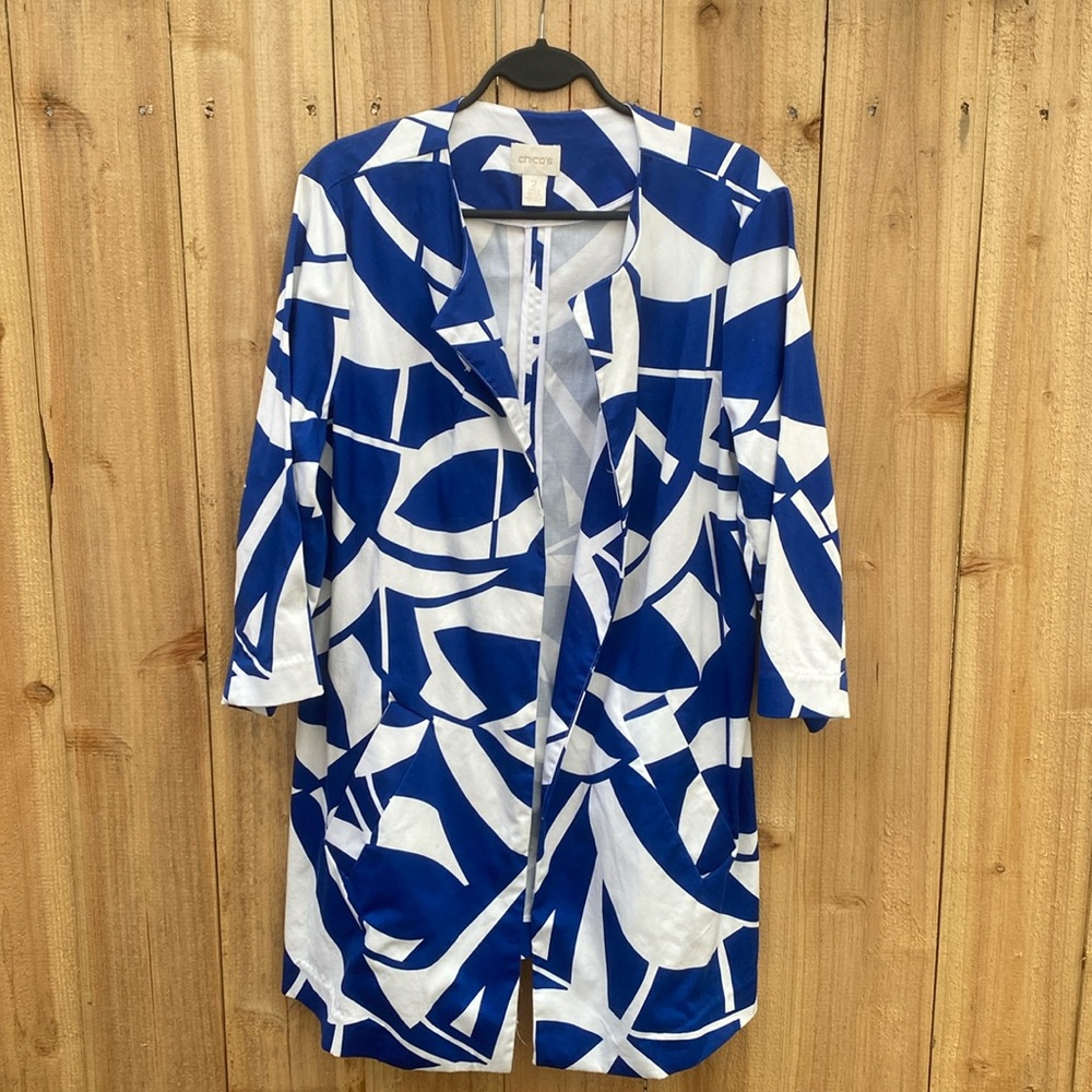 Chicos Sz 2 (12) Blue White Geo Print Relaxed Open Front Blazer Jacket Light